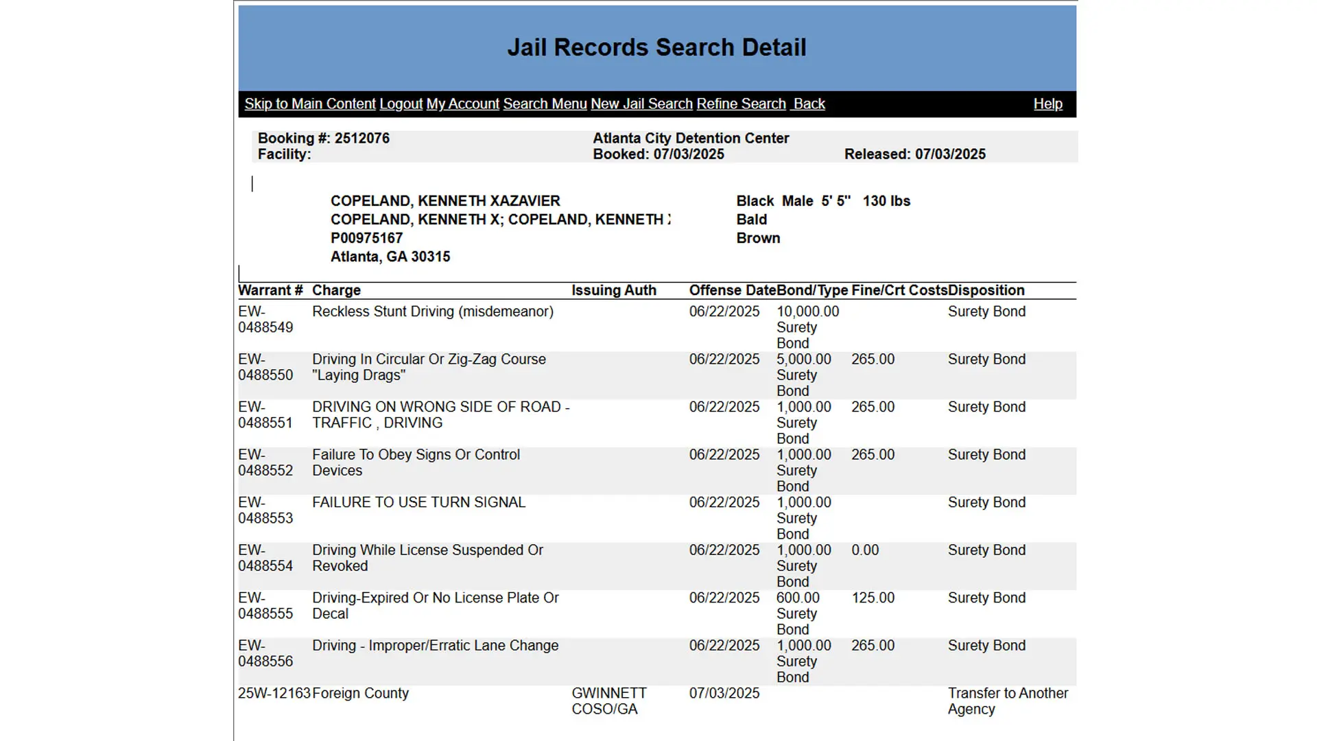 Copeland's arrest record from Fulton County Sheriff's Office website (Image via https://fcsoga.org/)