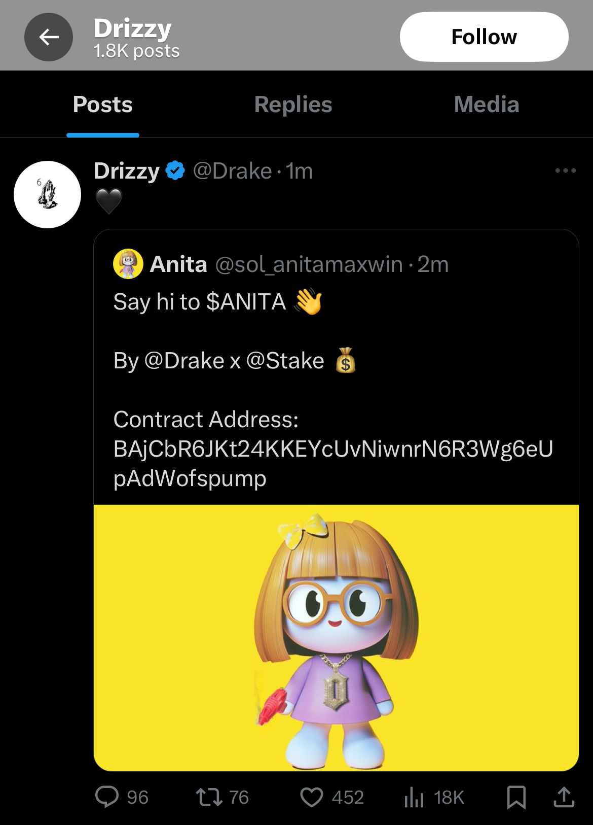 Screenshot of Drake's X account interacting with the now-suspended ANITA profile